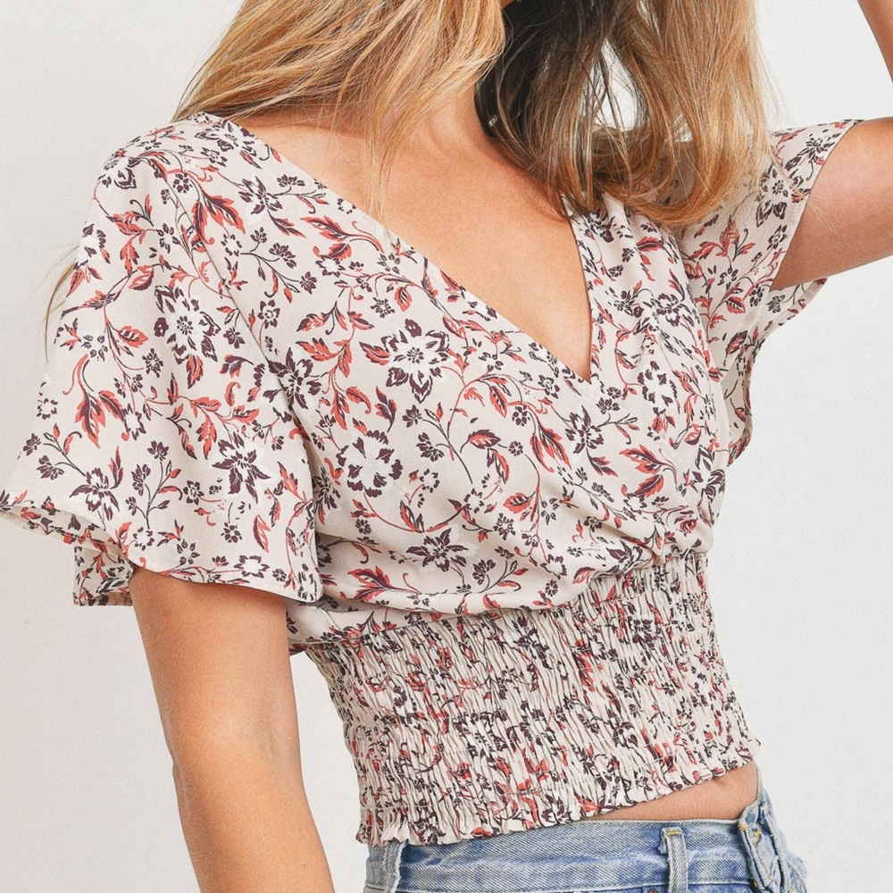 NWT Floral Print Flutter Sleeve Tie Back Top - Picture 1 of 5